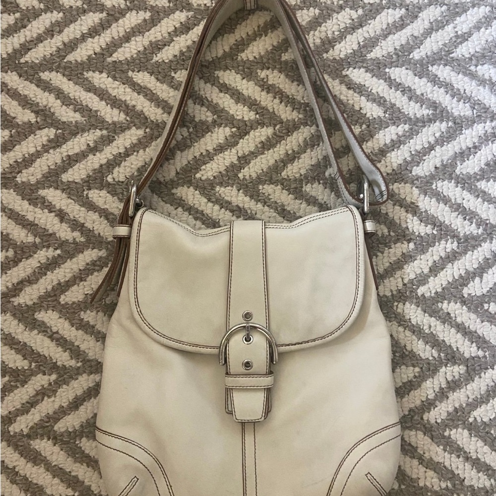Coach Cream Leather Shoulder Bag with Buckle Detail